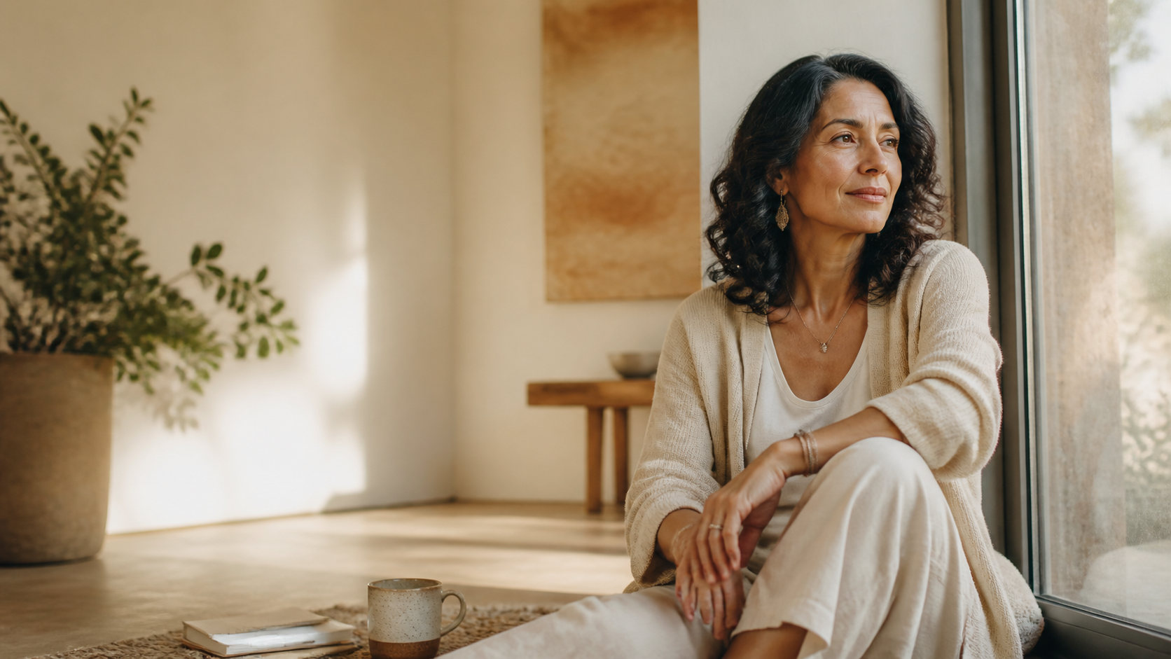 Woman over 40 relaxing thoughtfully beside a sunlit window