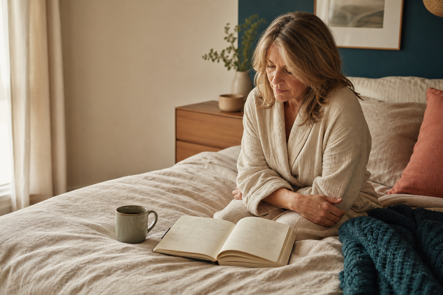 Woman in midlife reviewing a seven-night sleep journal in a calm morning bedroom