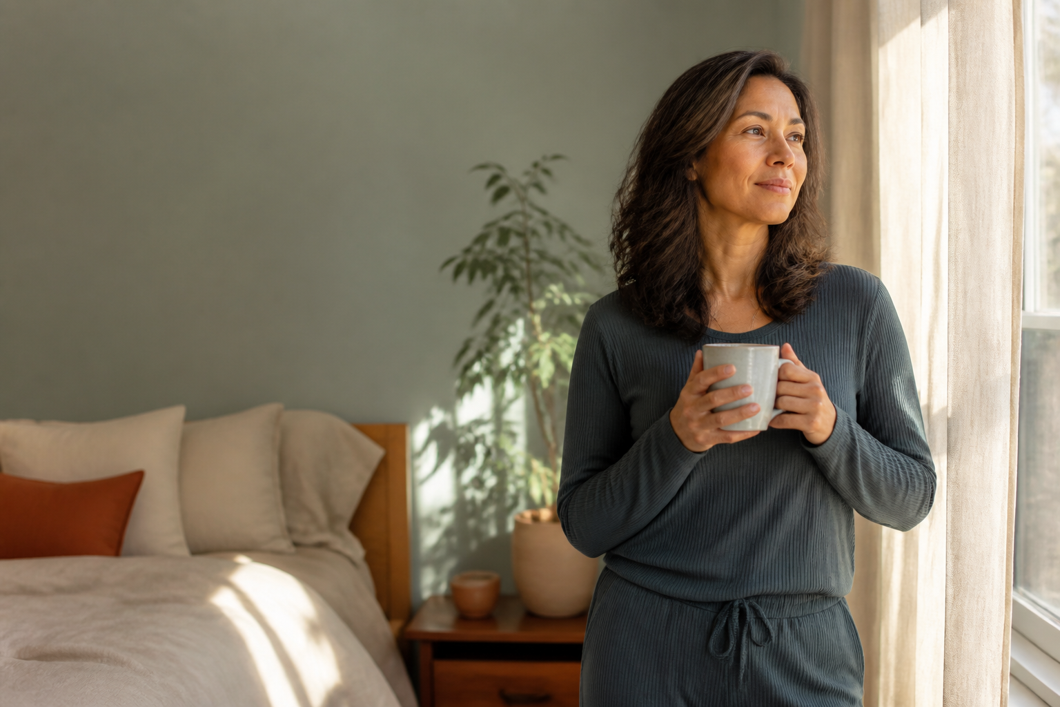 Woman in midlife resting beside a sunlit window during a calm morning