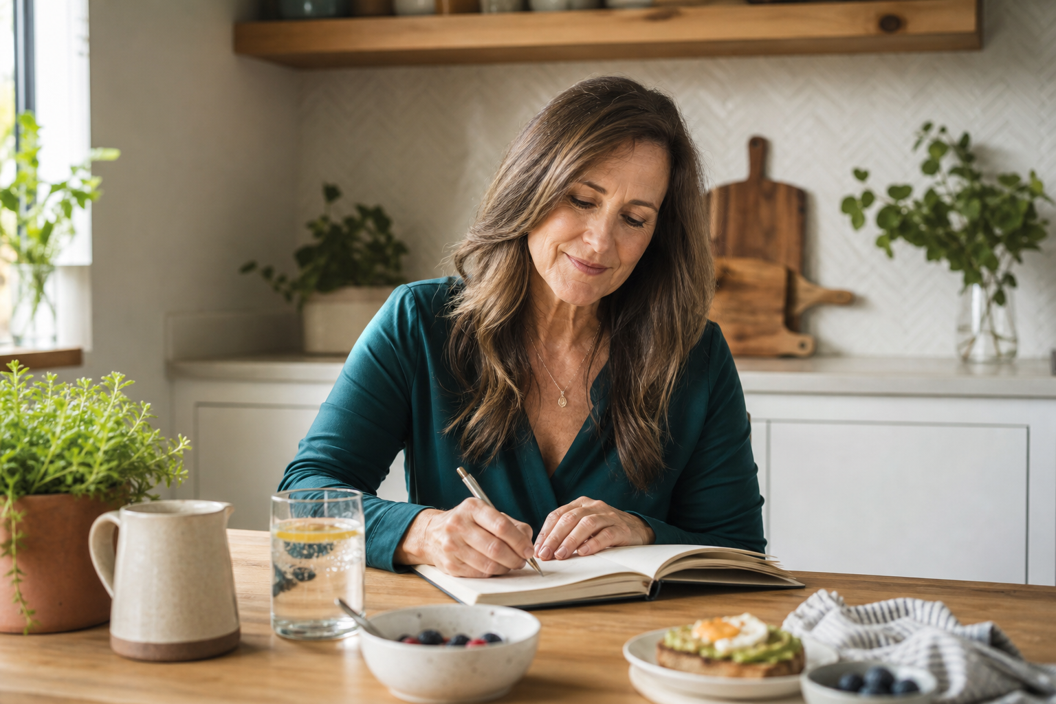 Woman in her early fifties recording sleep, stress and symptoms during breakfast