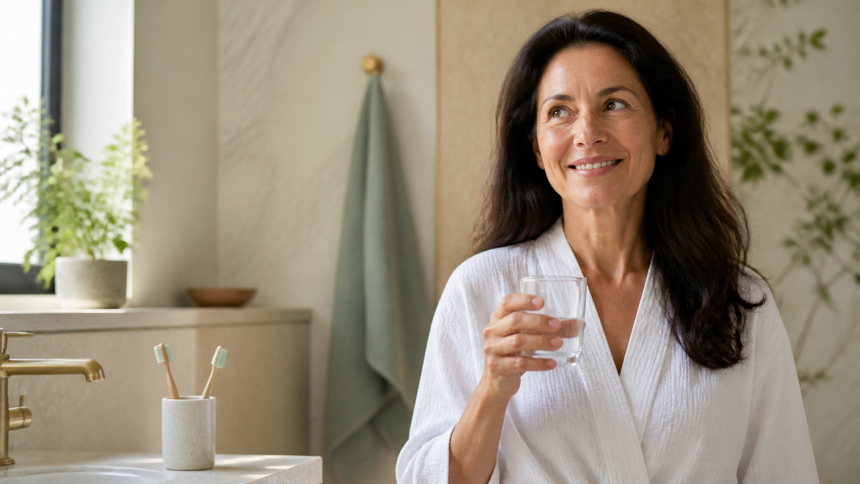 Woman in midlife following a calm oral wellness routine in a sunlit bathroom
