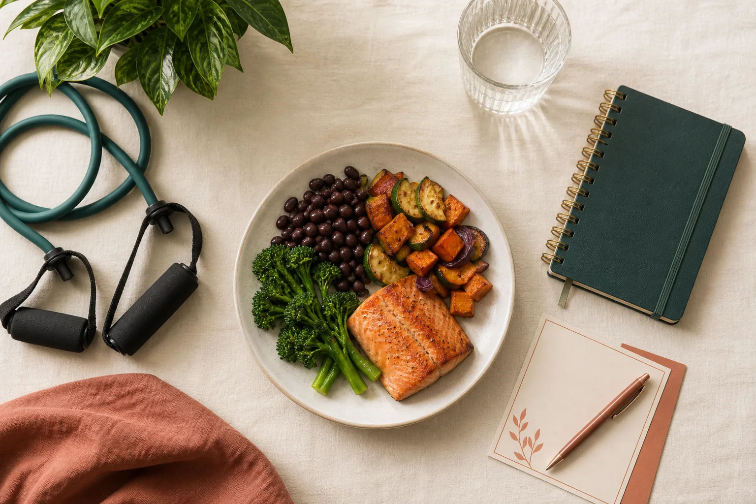 Balanced meal, resistance band, water and journals representing nutrition, movement, recovery and health review
