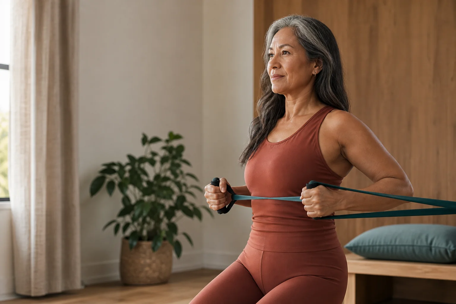 Woman over 50 doing a controlled resistance-band exercise in a bright home