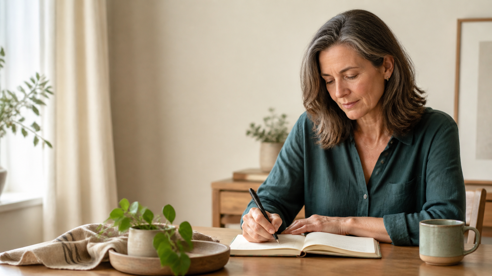 Woman writing notes in a journal at a sunlit table before a he