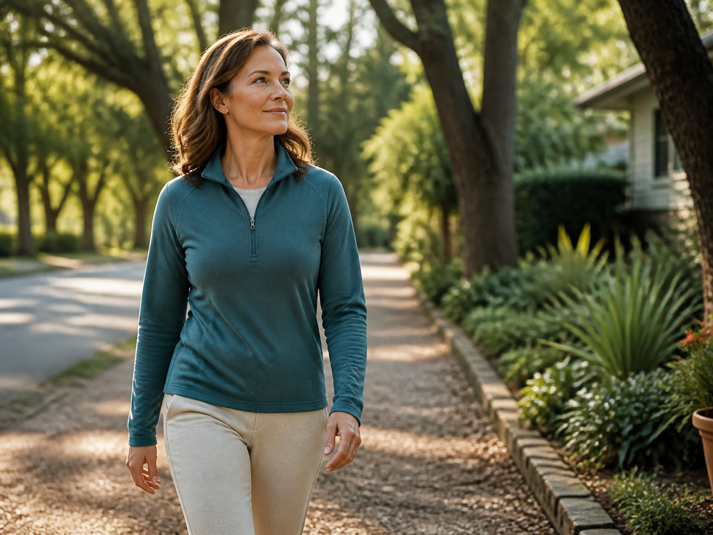 Woman over 40 enjoying a relaxed morning walk