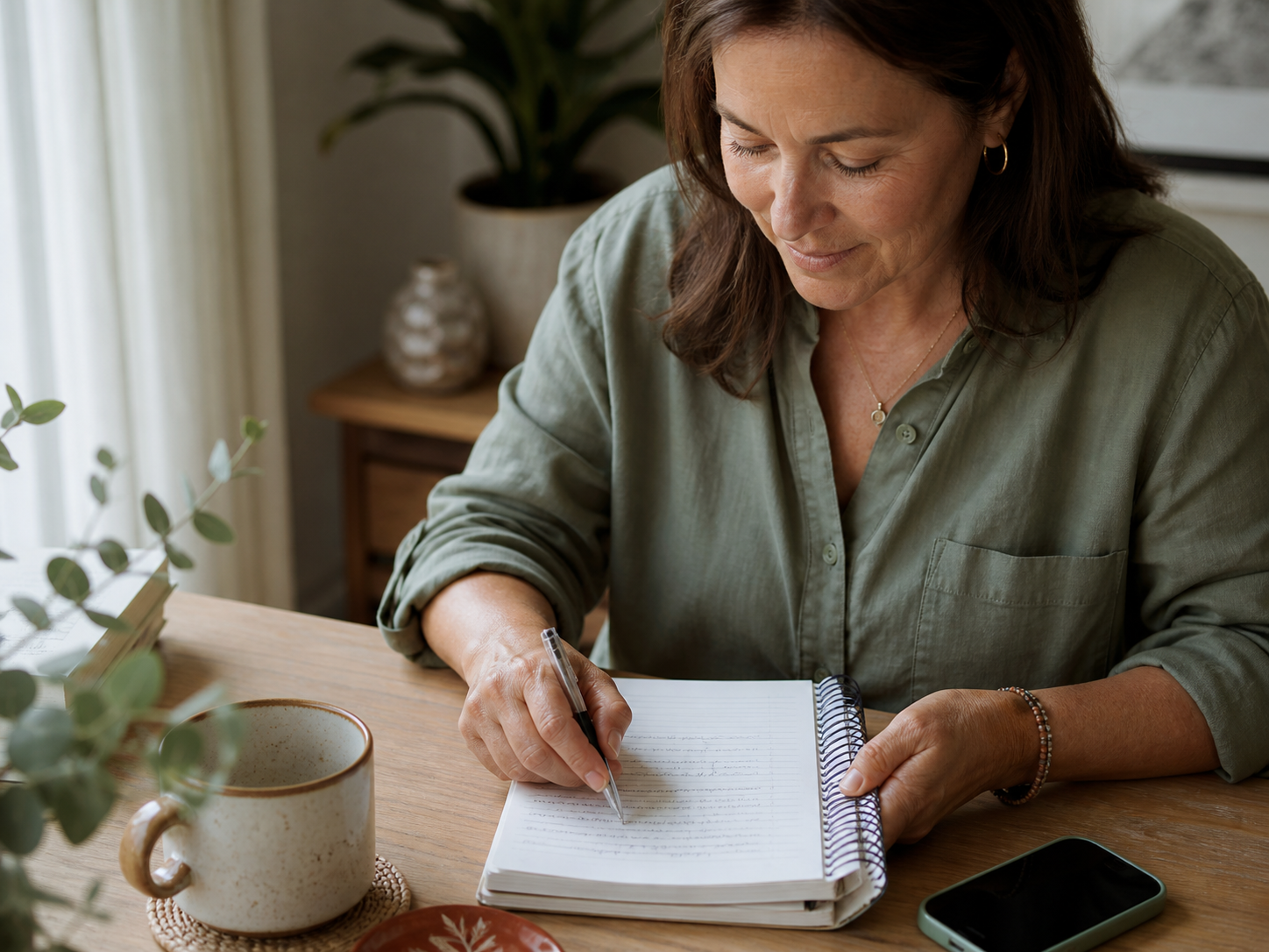 Woman calmly preparing a written question list at home